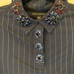 Banana Republic navy blue pinstriped dress with jeweled collar.